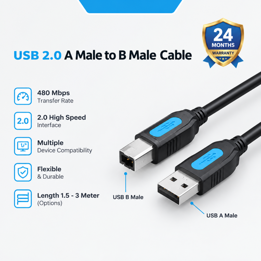 Vention Kabel USB Printer USB 2.0 A Male to B Male Cable 3M Black PVC Type - COQBI