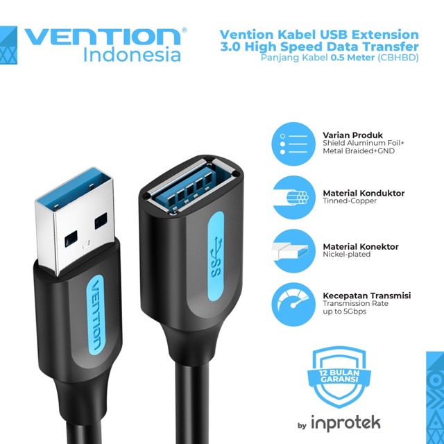 Vention Extension Cable USB 3.0 A Male to A Female 0.5M Black PVC Type - CBHBD